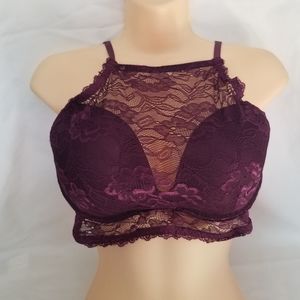 Womens Burgundy Lace Padded Bra with Back Closure 36B